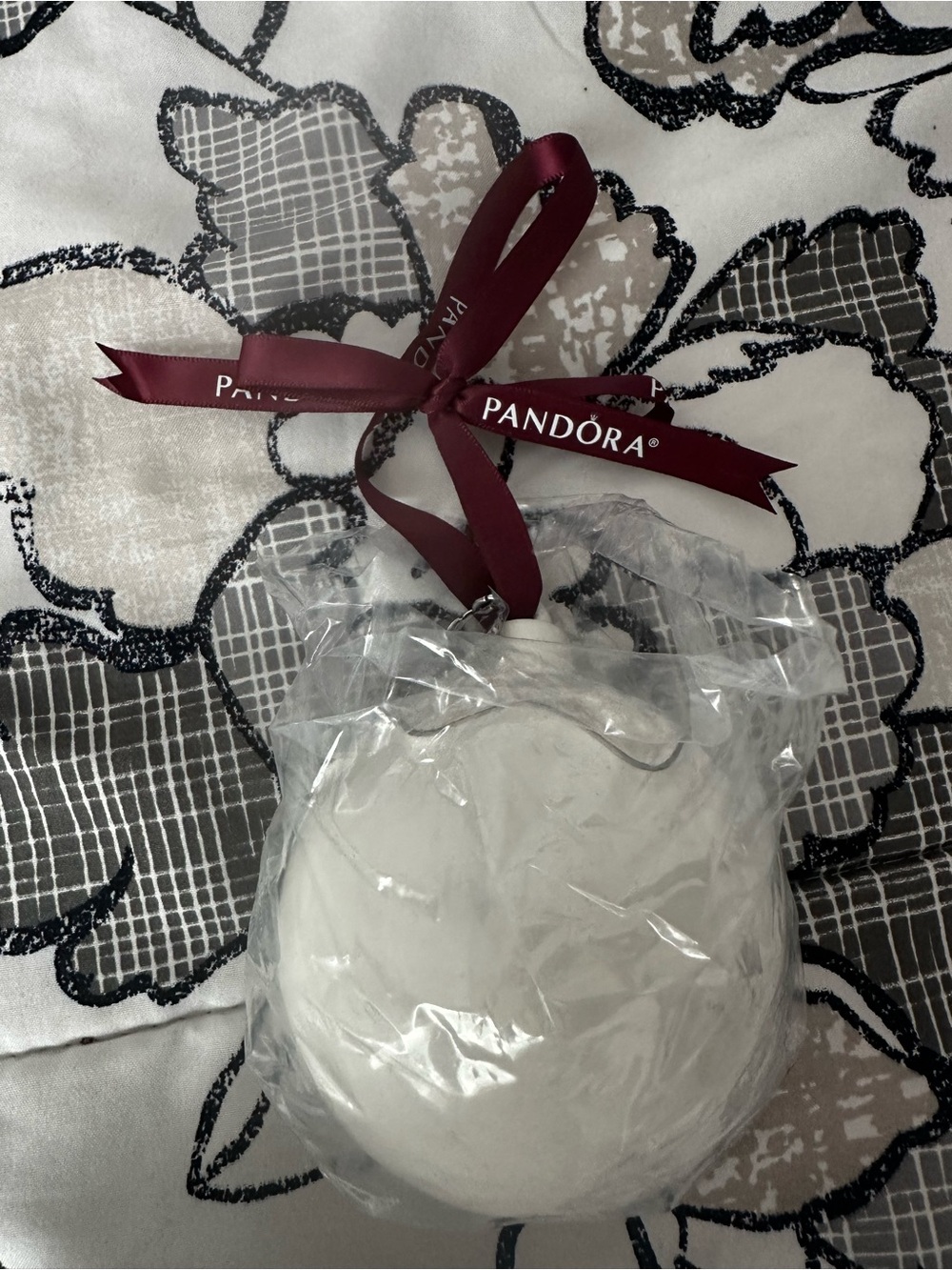 Pandora White Ceramic Ornament with Burgundy Branded Ribbon Bow
